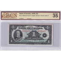 BC-1 1935 Canada $1 Osborne-Towers, English, Series A, Check Letter A BCS Certified VF-35
