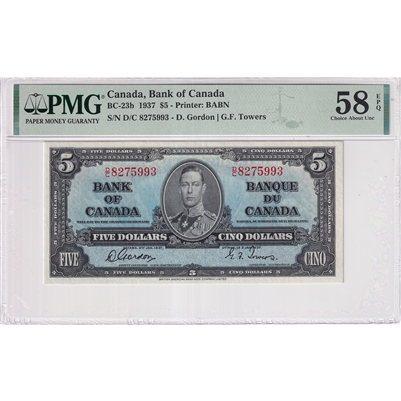 BC-23b 1937 Canada $5 Gordon-Towers, D/C 8275993 PMG Certified AU-58 EPQ