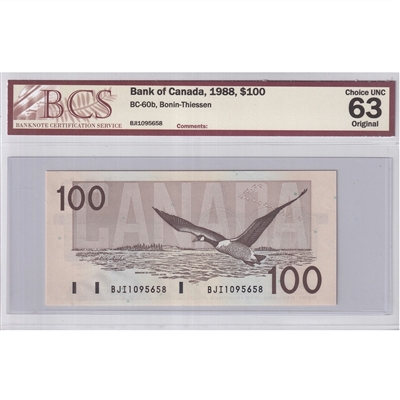 BC-60b 1988 Canada $100 Bonin-Thiessen, BJI BCS Certified CUNC-63 Original