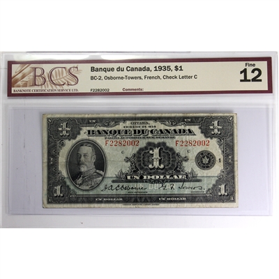 BC-2 1935 Canada $1 Osborne-Towers, French, Check Letter C BCS Certified F-12