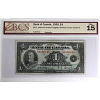 BC-1 1935 Canada $1 Osborne-Towers, English, Series B, Check Letter D BCS Certified F-15