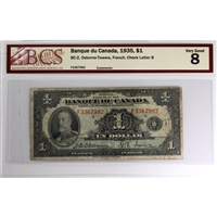 BC-2 1935 Canada $1 Osborne-Towers, French, Check Letter B BCS Certified VG-8