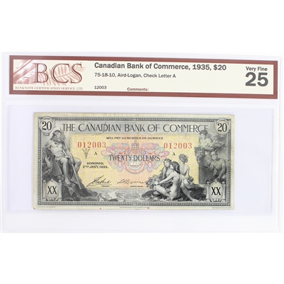 75-18-10 1935 Canadian Bank of Commerce $20 Aird-Logan, Check Letter A, BCS Cert. VF-25