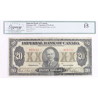 375-18-10 1923 Imperial Bank of Canada $20 Howland-Phipps, Legacy Certified F-15
