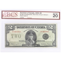DC-26j 1923 Dominion $2 C-S, Black Seal, Group 3, Series V, Check A, BCS Certified VF-20