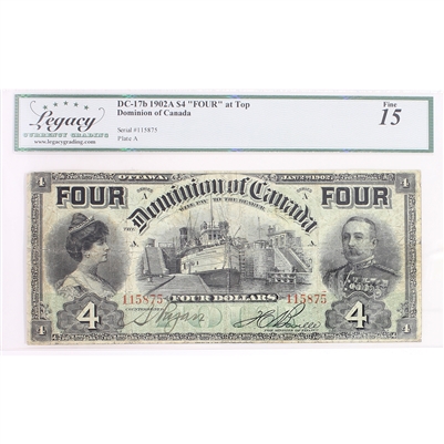 DC-17b 1902 Dominion $4 Various-Boville, Series A, FOUR at Top, Legacy Cert. F-15 trimmed