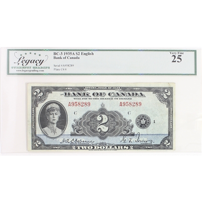 BC-3 1935 Canada $2 Osborne-Towers, English, Check Letter C, Legacy Certified VF-25