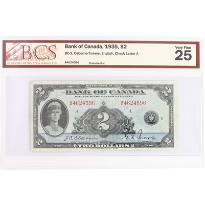 BC-3 1935 Canada $2 Osborne-Towers, English, Check Letter A, BCS Certified VF-25