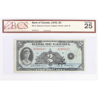 BC-3 1935 Canada $2 Osborne-Towers, English, Check Letter B, BCS Certified VF-25