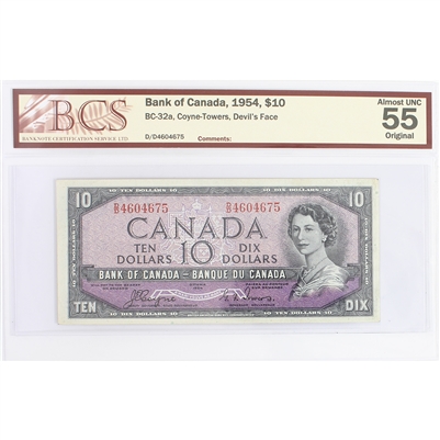BC-32a 1954 Canada $10 Coyne-Towers, Devil's Face, D/D, BCS Certified AU-55 Original