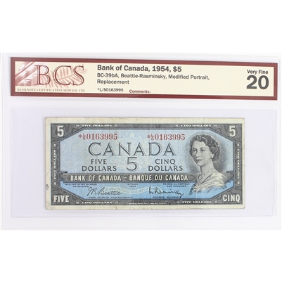 BC-39bA 1954 Canada $5 B-R, Modified Portrait, Replacement, *L/S BCS Certified VF-20