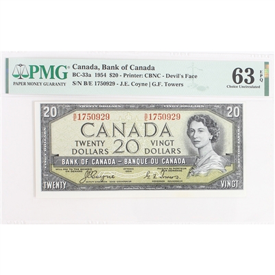 BC-33a 1954 Canada $20 Coyne-Towers, Devil's Face, B/E PMG Certified CUNC-63 EPQ