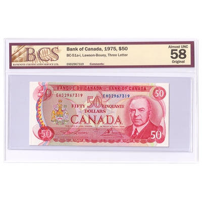 BC-51a-i 1975 Canada $50 Lawson-Bouey, Three Letter, EDH BCS Certified AU-58 Original