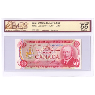 BC-51a-i 1975 Canada $50 L-B, Three Letter, Changeover, EHF BCS Certified AU-55 Original