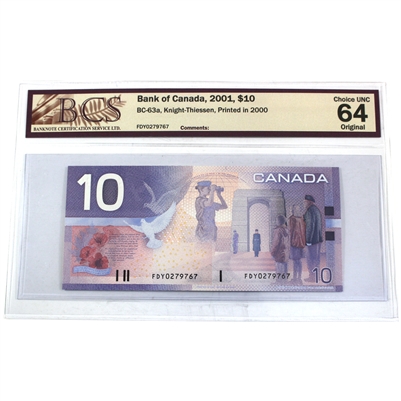 BC-63a 2001 Canada $10 Knight-Thiessen, Printed in 2000, FDY BCS Cert. CUNC-64, Orig.