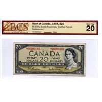 BC-41bA 1954 Canada $20 B-R, Mod. Portrait, Replacement, *V/E, BCS Cert VF-20 (stain)