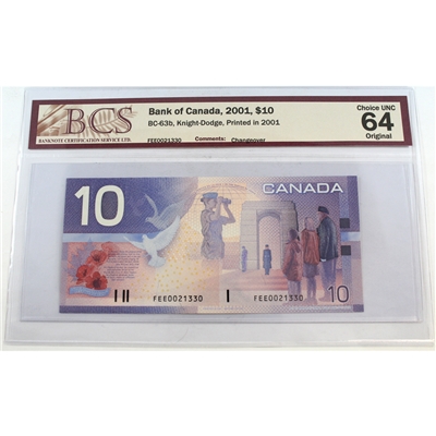 BC-63b 2001 Canada $10 Knight-Dodge, Changeover, FEE BCS Certified CUNC-64 Original