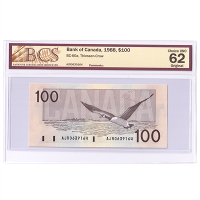 BC-60a 1988 Canada $100 Thiessen-Crow, AJR BCS Certified CUNC-62 Original
