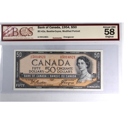 BC-42a 1954 Canada $50 Beattie-Coyne, Changeover, A/H BCS Certified AU-58 Original