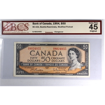 BC-42b 1954 Canada $50 B-R, Modified Portrait, Changeover, B/H BCS Certified EF-40 Orig.