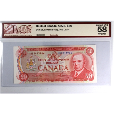 BC-51a 1975 Canada $50 Lawson-Bouey, Two Letter, HB BCS Certified AU-58 Original