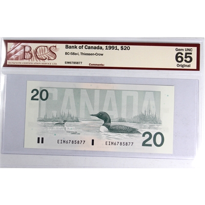 BC-58a-i 1991 Canada $20 Thiessen-Crow, EIM BCS Certified GUNG-65 Original