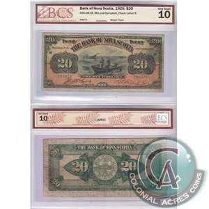 550-28-18 1925 Bank of Nova Scotia $20 BCS Certified VG-10 (tears)