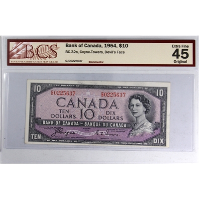 BC-32a 1954 Canada $10 Coyne-Towers, Devil's Face, C/D BCS Certified EF-45 Original