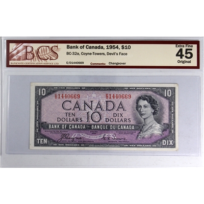 BC-32a 1954 Canada $10 Coyne-Towers, Devil's Face, E/D BCS Certified EF-45 Original