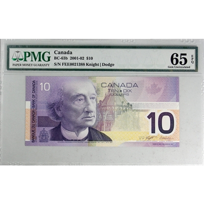 BC-63b 2001-02 Canada $10 Knight-Dodge, FEE PMG Certified GUNC-65 EPQ