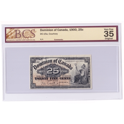 DC-15a 1900 Dominion 25 cent Shinplaster, Courtney, BCS Certified VF-35 Original