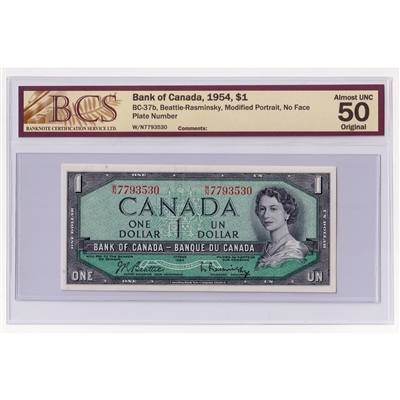 BC-37b 1954 Canada $1 Beattie-Rasminsky, No FPN, W/N, BCS Certified AU-50 Original