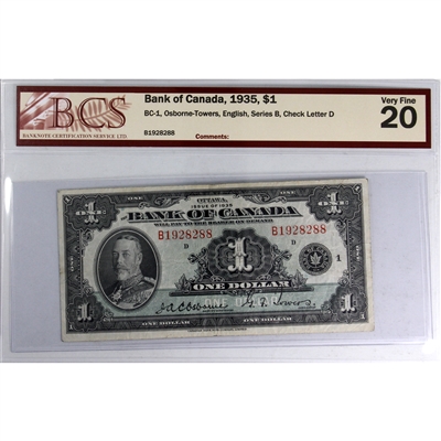 BC-1 1935 Canada $1 Osborne-Towers, English, Series B, Check Letter D BCS Certified VF-20