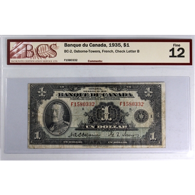 BC-2 1935 Canada $1 Osborne Towers, French, Check Letter B BCS Certified F-12