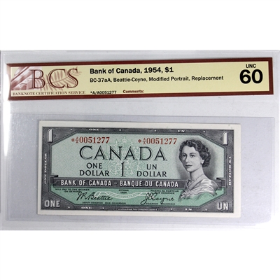 BC-37aA 1954 Canada $1 Beattie-Coyne, Replacement, *A/A BCS Certified UNC-60
