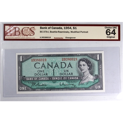 BC-37b-i 1954 Canada $1 Beattie-Rasminsky, Changeover, B/M BCS Certified CUNC-64 Orig.