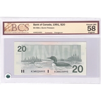 BC-58b-i 1991 Canada $20 Bonin-Thiessen, AIW, BCS Certified AU-58, Original