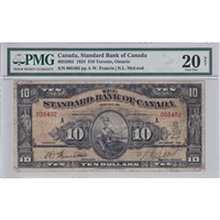 695-20-02 1924 Standard Bank $10 Francis-McLeod, Toronto PMG Cert. VF-20 NET (repaired)