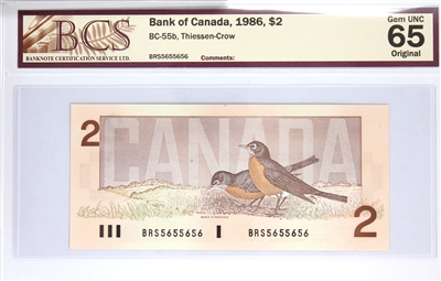 BC-55b 1986 Canada $2 Thiessen-Crow, BRS, BCS Certified GUNC-65, Original