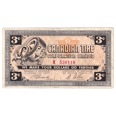 G2-C-X 1962 Canadian Tire Coupon 3 Cents VF-EF (Tear and Ink)