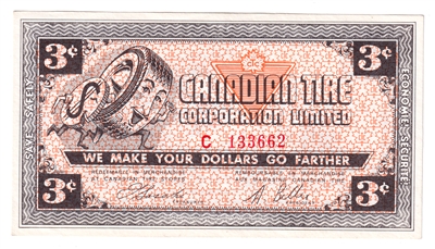 G2-C-C1 Mor Power 1962 Canadian Tire Coupon 3 Cents Almost Uncirculated