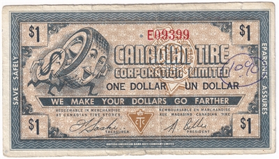 G1-E-E 1958 Canadian Tire Coupon $1.00 Very Fine (Ink and Holes)