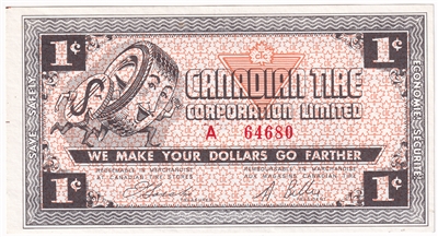 G2-A-A1 1962 Canadian Tire Coupon 1 Cent Almost Uncirculated