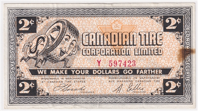 G2-B-Y 1962 Canadian Tire Coupon 2 Cents Very Fine (Stain and Tears)