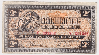G4-B-Y 1962 Canadian Tire Coupon 2 Cents Fine