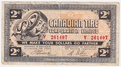 G4-B-Y 1962 Canadian Tire Coupon 2 Cents Fine (Ink and Tears)