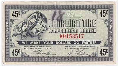 G6-I-K 1968 Canadian Tire Coupon 45 Cents Very Fine (Ink and Holes)