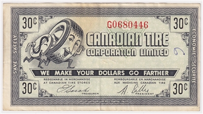 G7-F-G1 Thin 30 1972 Canadian Tire Coupon 30 Cents Extra Fine (Ink)