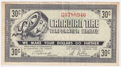 G7-F-G1 Thin 30 1972 Canadian Tire Coupon 30 Cents Very Fine