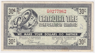 G7-F-G1 Thin 30 1972 Canadian Tire Coupon 30 Cents VF-EF (Ink)